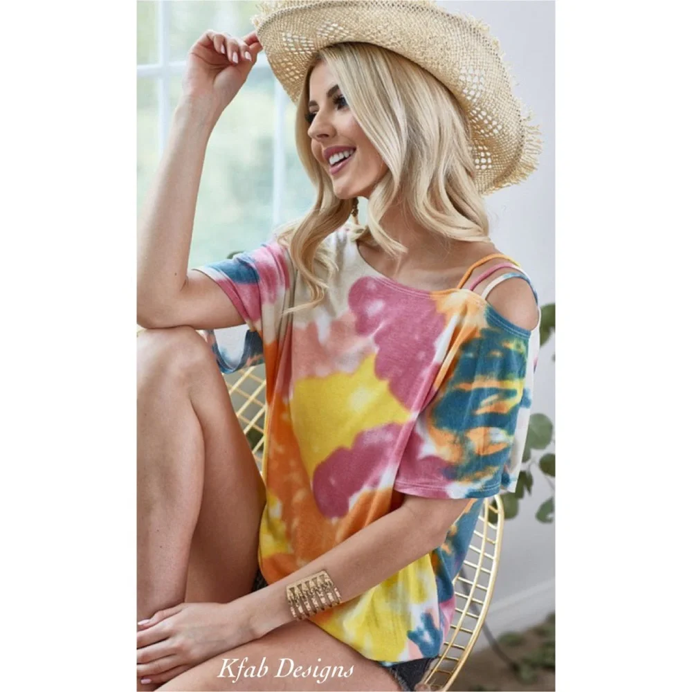 LAST 2! Tie Dye Strappy One Shoulder Super Soft Jersey Top! - Picture 1 of 10